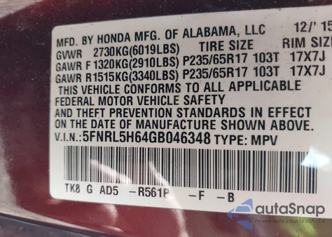 2016 Honda Odyssey Ex-L z USA, uszkodzony, nr VIN 5FNRL5H64GB046348